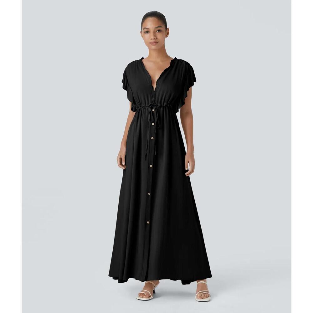 NWT Halara Deep V Neck Butterfly Sleeve Pocket Flowy Maxi Casual Dress Black - L